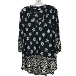 Sew In Love Black Beige Floral Print V Neck Long Sleeve Tunic Dress Medium boho